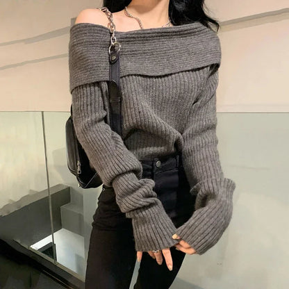 Women's Slash Neck Knitted Sweater - Off-Shoulder Long Sleeve, Thick & Slim Fit Pullover