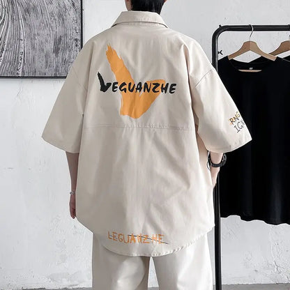 Men's Two-Piece Graffiti Print Loose Fit Button-Up Shirt & Shorts Set