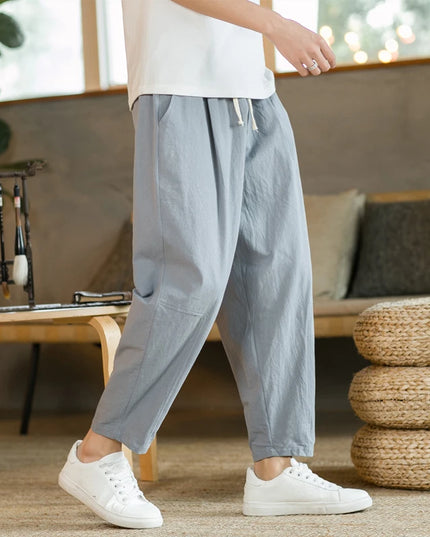 Men's Casual Loose Fit Cotton Trousers - Breathable Drawstring Pants
