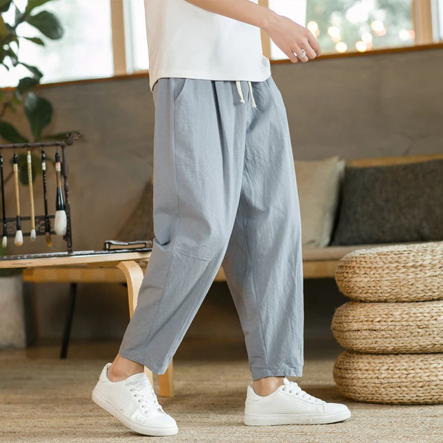 Men's Casual Loose Fit Cotton Trousers - Breathable Drawstring Pants