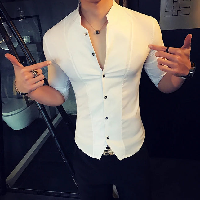 Slim Fit Long Sleeve Stand Collar Shirt for Men - Various Colors
