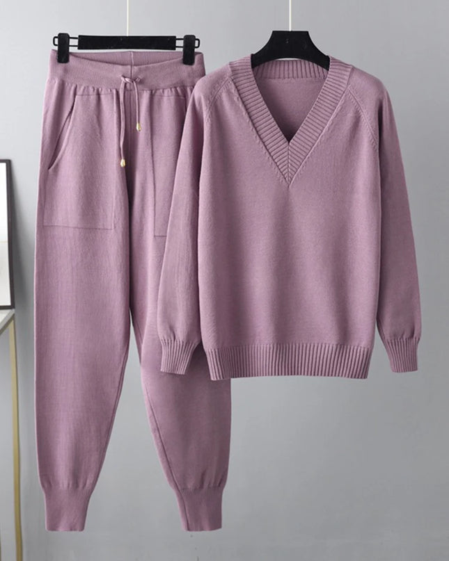 Women's Knitted 2-Piece Set – V-Neck Full Sleeve Sweater & Pencil Pants