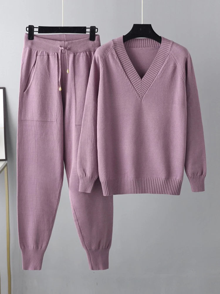 Women's Knitted 2-Piece Set – V-Neck Full Sleeve Sweater & Pencil Pants
