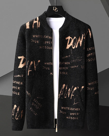 Retro Jacquard Men's Cardigan Jacket with Stand-Up Collar