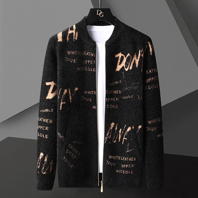 Retro Jacquard Men's Cardigan Jacket with Stand-Up Collar