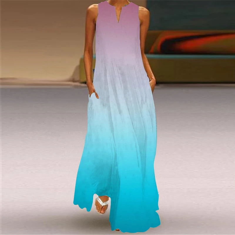 Women's Vintage Boho Printed Sleeveless V-Neck Maxi Dress