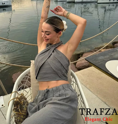 TRAFZA Women's Halter Neck Crossover 2-Piece Camisole and Pants Set