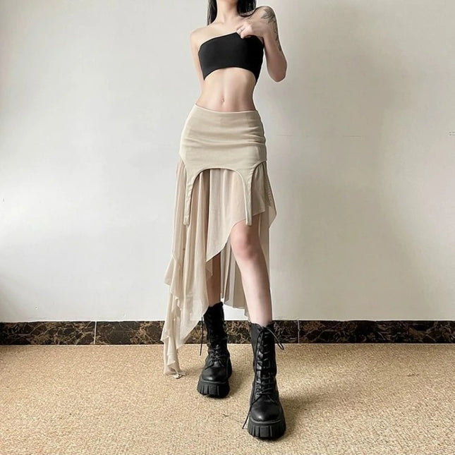 Women’s Slit Skirt with Irregular Hem & Ruffle Design