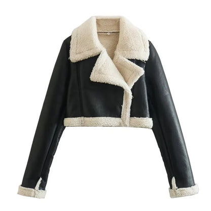 Women's Black Cropped Faux Leather Jacket with Wool Blend