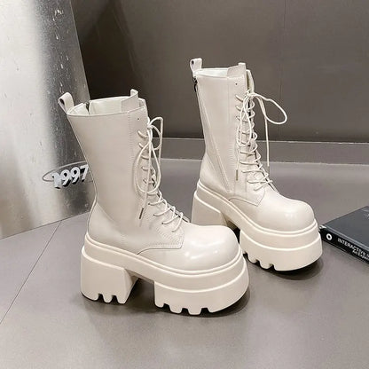 Women's Faux Leather Platform Boots - Mid-Calf Lace-Up Chunky High Heel Boots