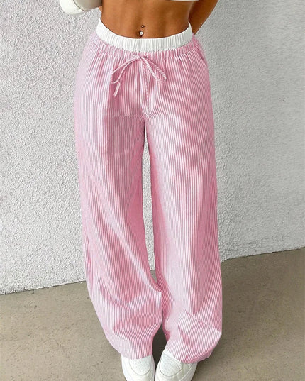 High-Waisted Wide Leg Pants for Women with Stripes, Drawstring, and Loose Fit