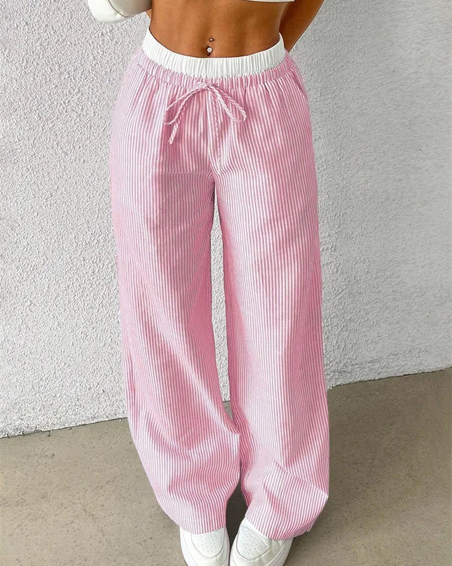 High-Waisted Wide Leg Pants for Women with Stripes, Drawstring, and Loose Fit