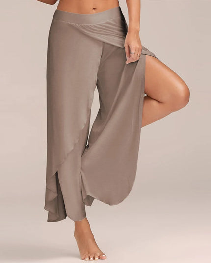 Women's Slit Flared Palazzo Trousers - Wide Leg Chiffon Pants with Side Split