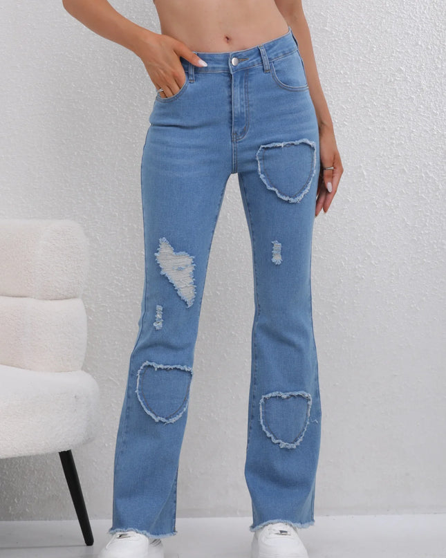 Women's Flared Pants - Hole Design, Boot Cut, Distressed, High Waist, Stretch