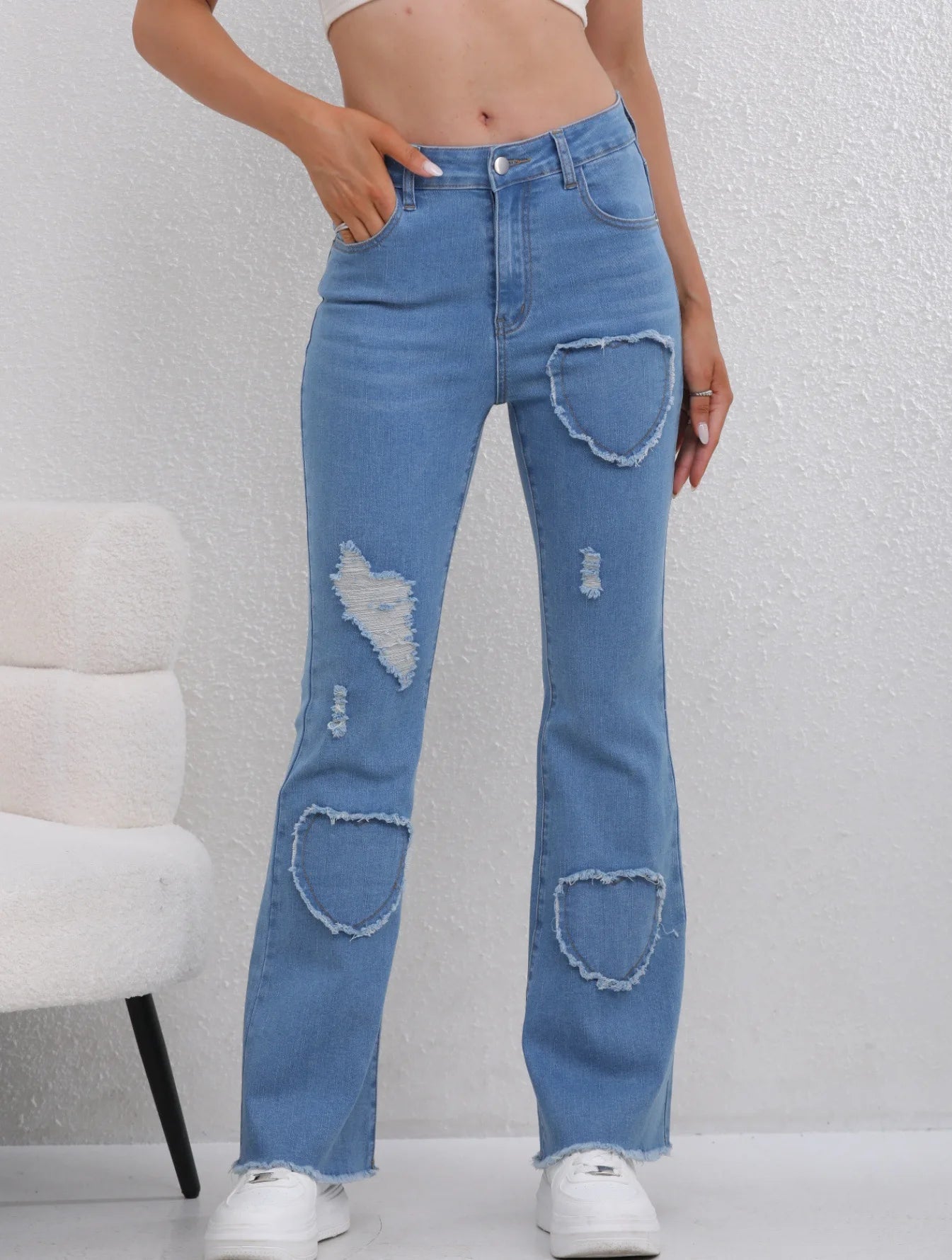 Women's Flared Pants - Hole Design, Boot Cut, Distressed, High Waist, Stretch