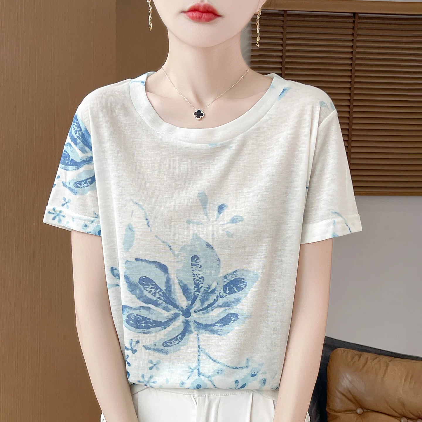 Elegant Women's Satin Silk V-Neck Short Sleeve Blouse