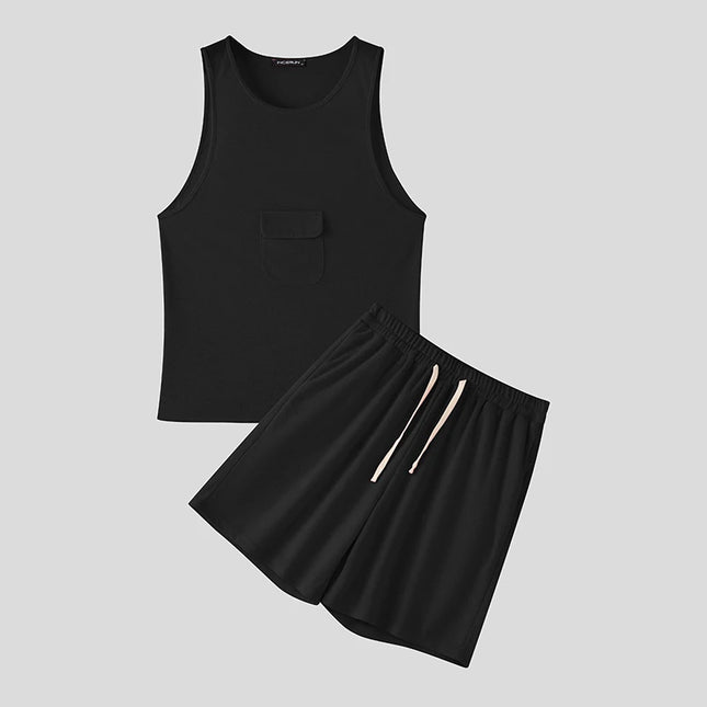 Incerun Men's Two-Piece Breathable Tank Top and Drawstring Shorts Set
