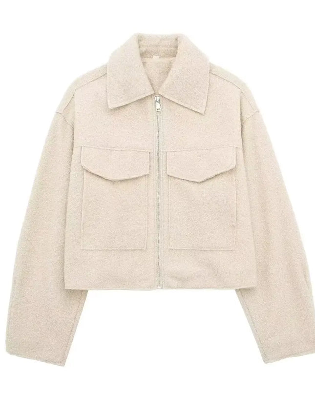 Women's Long Sleeve Woolen Zipper Jacket with Pockets