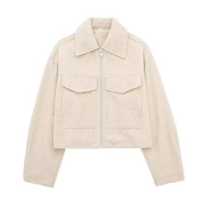 Women's Long Sleeve Woolen Zipper Jacket with Pockets