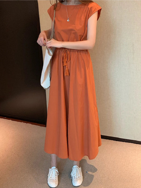 Women's Oversized Vintage Maxi Dress with Short Sleeves - Comfortable Cotton Fashion Wear