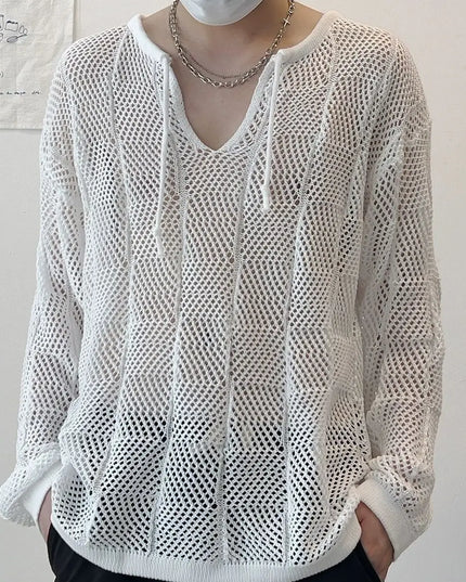 Men's Thin Hollow V-Neck Sweater - Loose Fit, Long-Sleeved