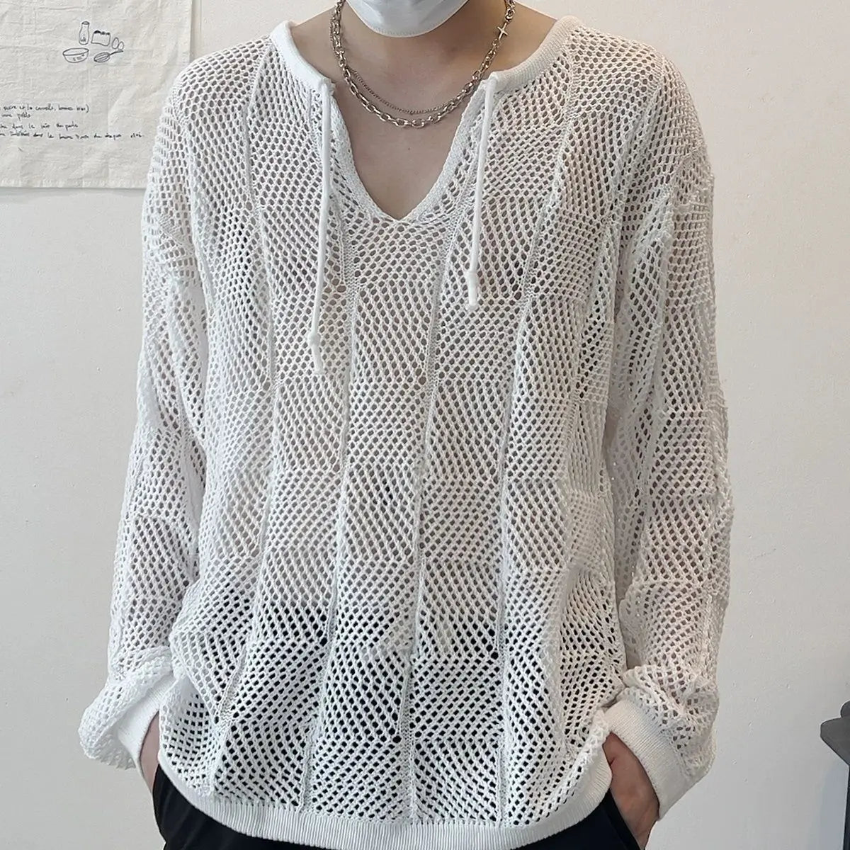 Men's Thin Hollow V-Neck Sweater - Loose Fit, Long-Sleeved