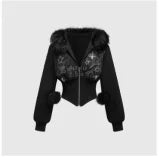 Gothic Print Women's Faux Fur Crop Zip-Up Hoodie Jacket