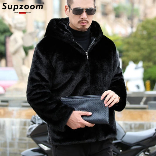 Men's Cozy Gold Mink Imitation Sheared Fur Hooded Zipper Jacket