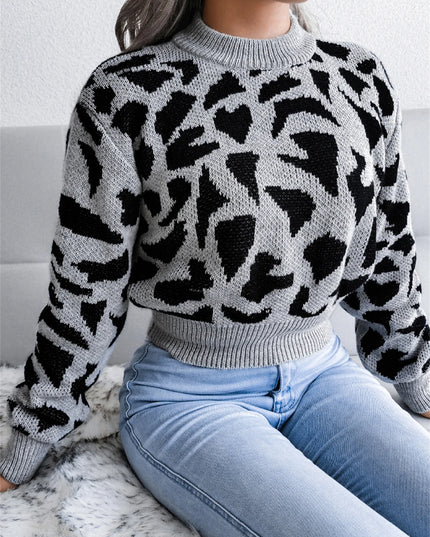 Women's Long Sleeve Knitted Sweater with Leopard Print