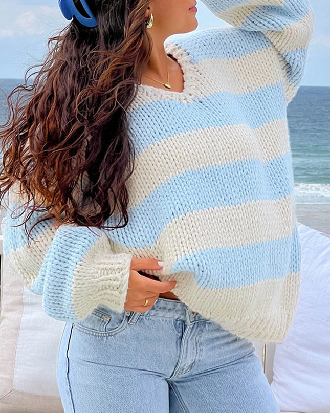 Oversized Women's Striped Chunky Knit Sweater with Drop Shoulders