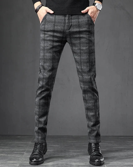 Men's Slim Fit Elastic Waist Brushed Plaid Pants