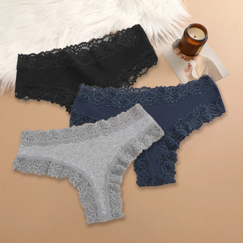 Set of 3 Women's Cotton Lace Panties - Floral Print & Trendy Patchwork Briefs