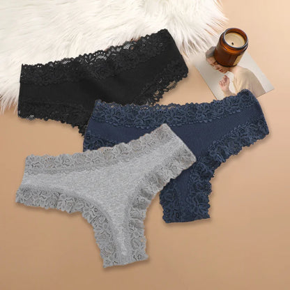 Set of 3 Women's Cotton Lace Panties - Floral Print & Trendy Patchwork Briefs