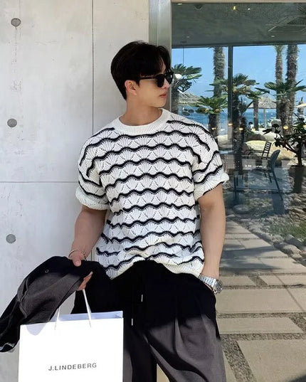 Men's Knit Jacquard Striped Hollow-Out Casual T-Shirt
