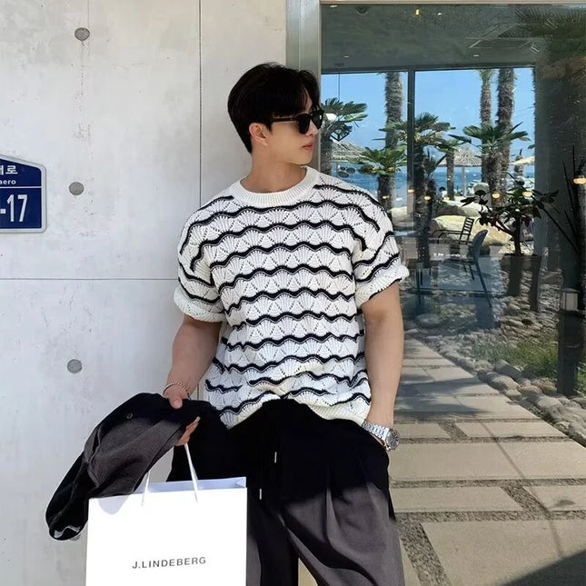 Men's Knit Jacquard Striped Hollow-Out Casual T-Shirt