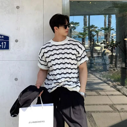 Men's Knit Jacquard Striped Hollow-Out Casual T-Shirt