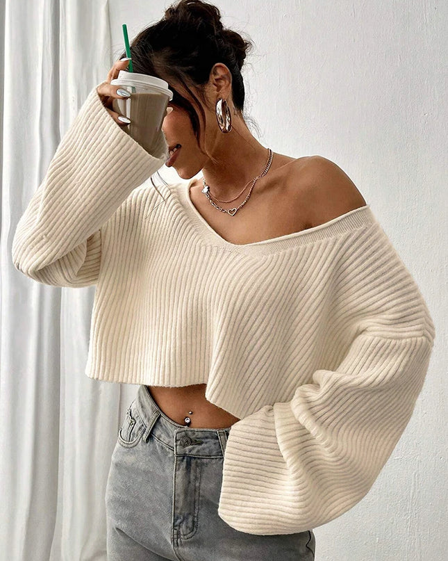 Women's V-Neck Knitted Stiped Sweater with Loose Fit