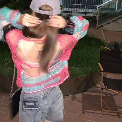 Women's Hollow-Out Knit Cropped Sweater with Backless Design