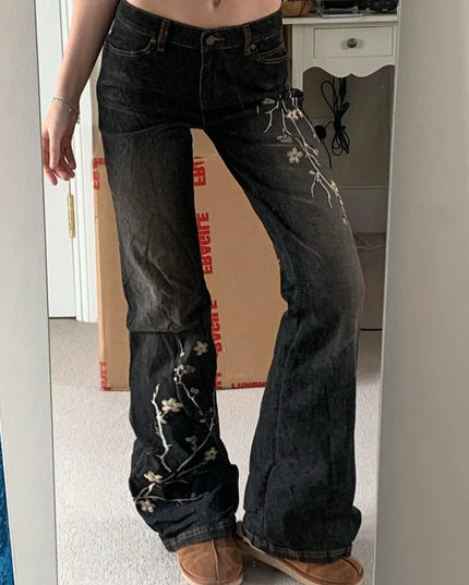 Women's Floral Embroidered Low Rise Flared Denim Jeans