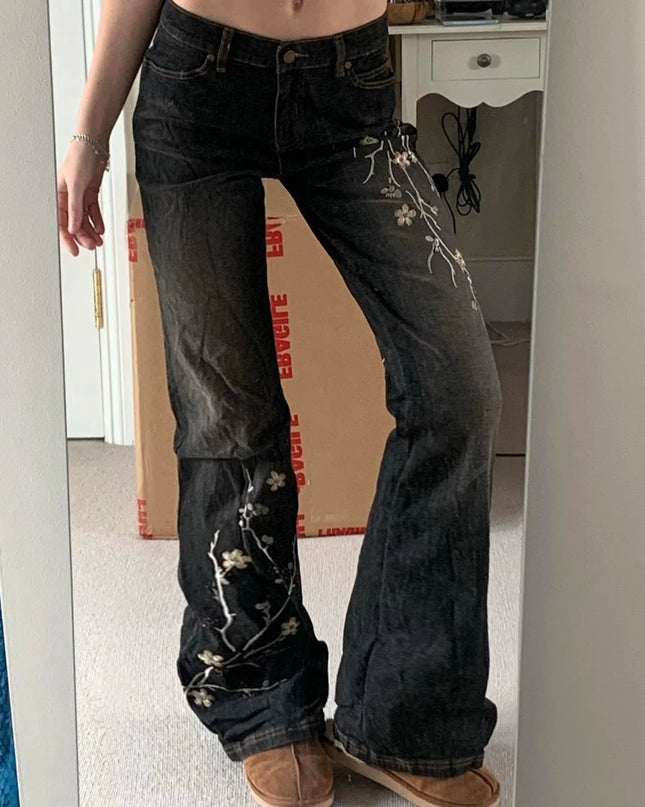 Women's Floral Embroidered Low Rise Flared Denim Jeans