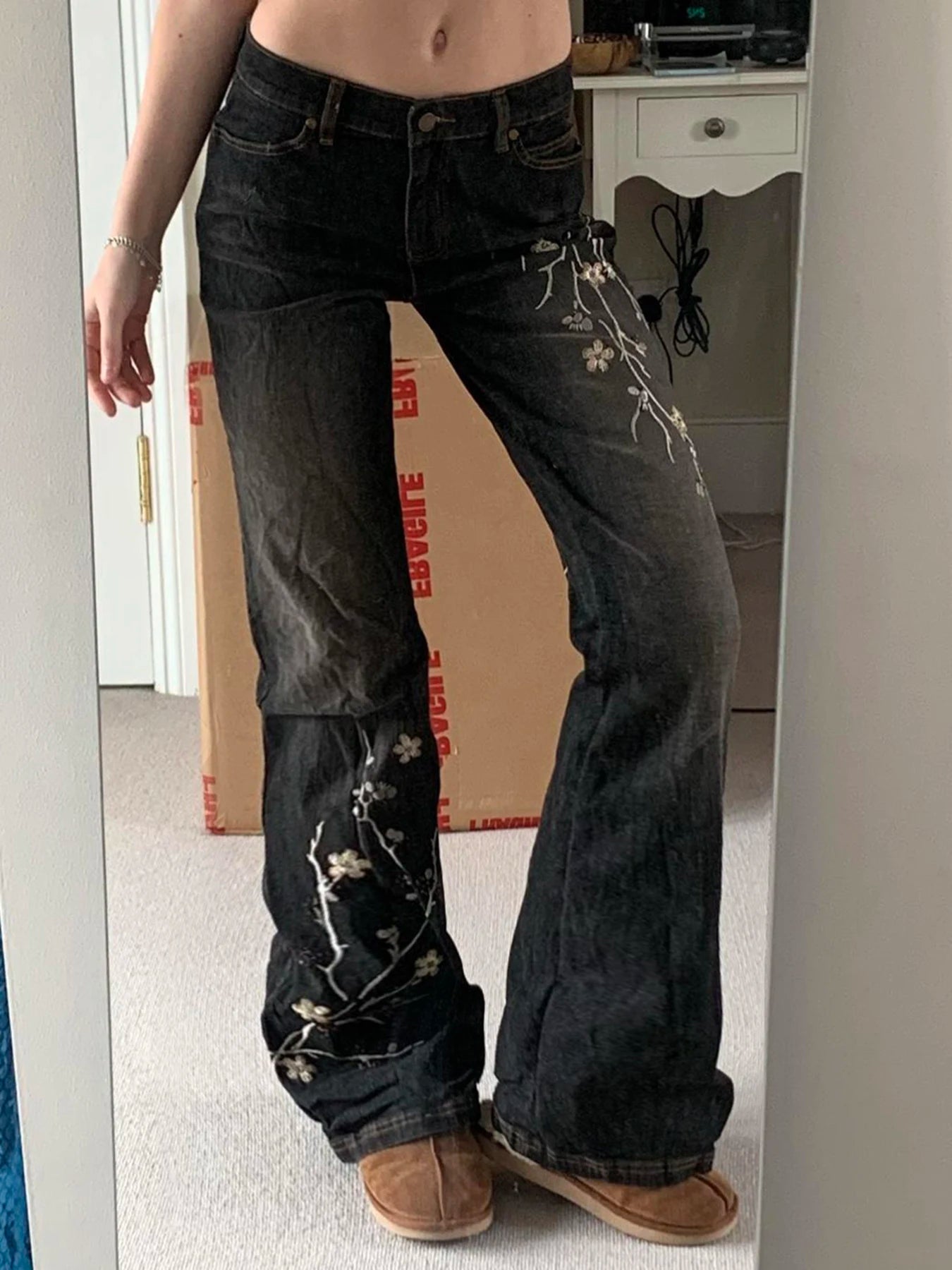 Women's Floral Embroidered Low Rise Flared Denim Jeans