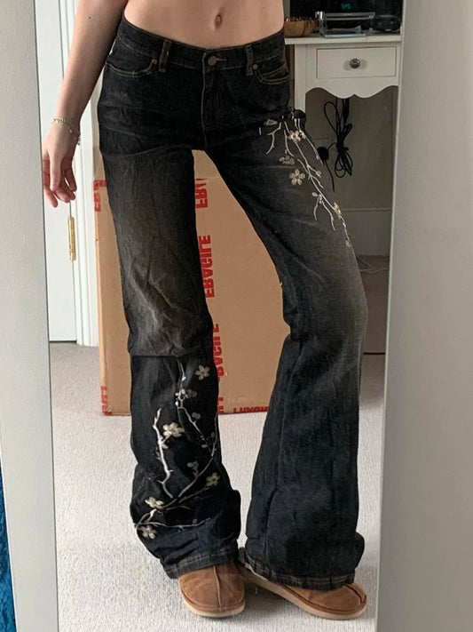 Women's Floral Embroidered Low Rise Flared Denim Jeans