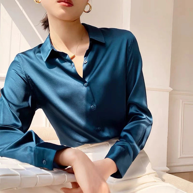 Elegant Satin Women's Blouse with Long Sleeves and Turn-down Collar