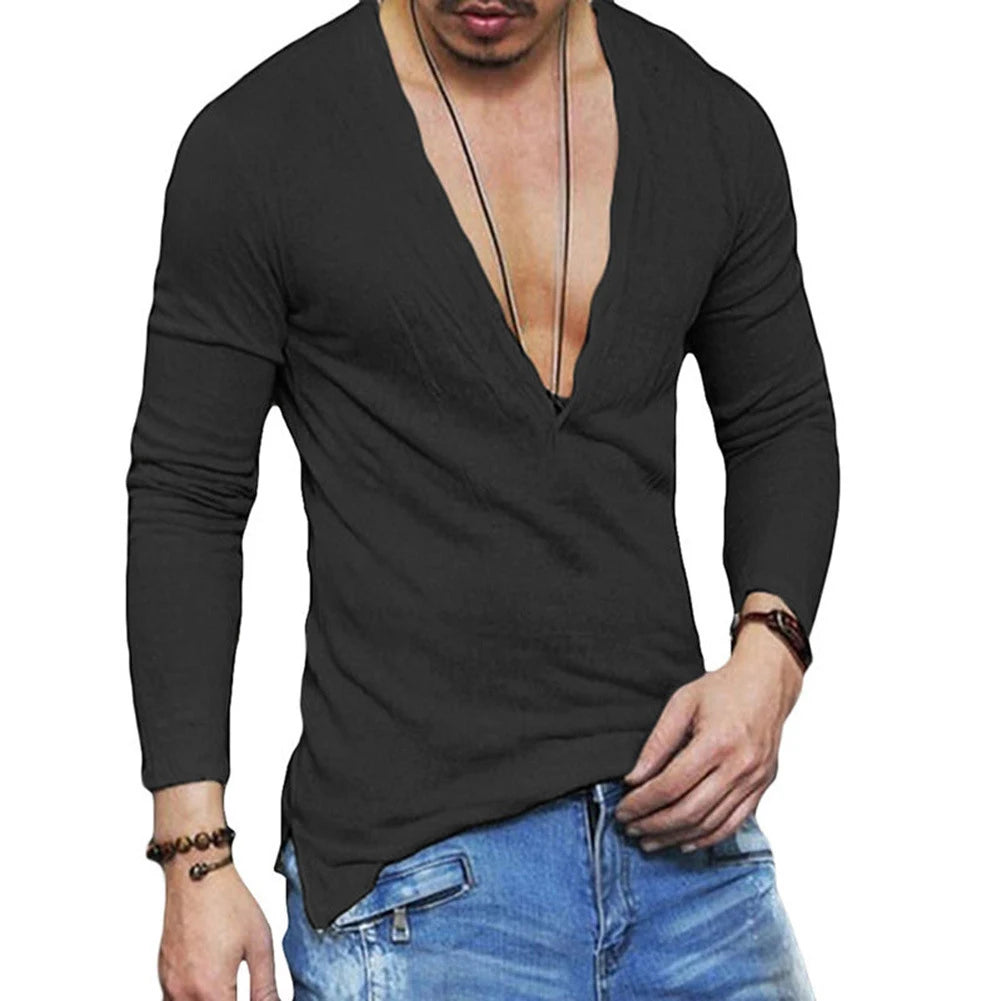 Men's Slim Fit Long Sleeve Deep V-Neck Sheer Sweater