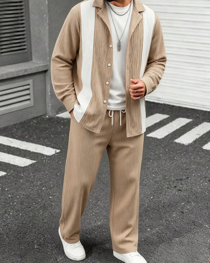Men’s Two-Piece Set with Pleated Vertical-Stripe Lapel Shirt and Elastic-Waist Straight-Leg Pants