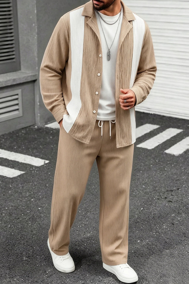 Men’s Two-Piece Set with Pleated Vertical-Stripe Lapel Shirt and Elastic-Waist Straight-Leg Pants