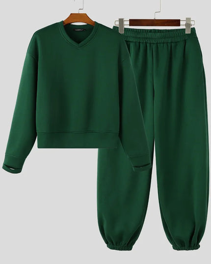 INCERUN Men’s Loose-Fit Two-Piece Set with V-Neck Long-Sleeve Top and Pants