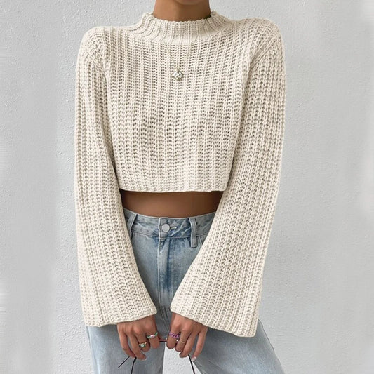 Women’s Cropped Mock Neck Flared Long Sleeve Sweater