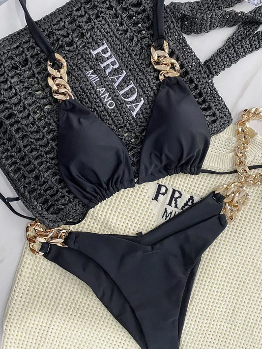 Women's Two-Piece Halter Bikini Set with Push-Up Triangle Top