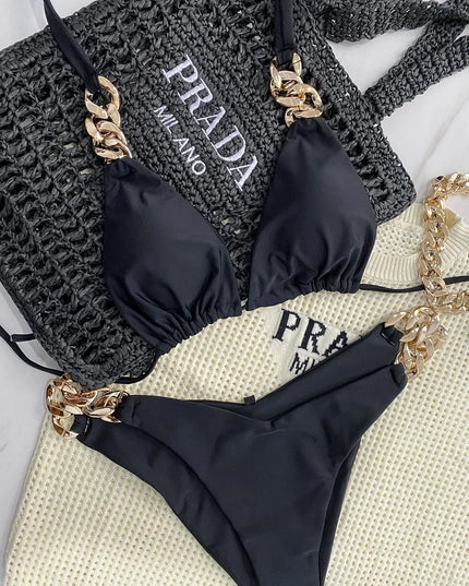 Women's Two-Piece Halter Bikini Set with Push-Up Triangle Top - Various Colors
